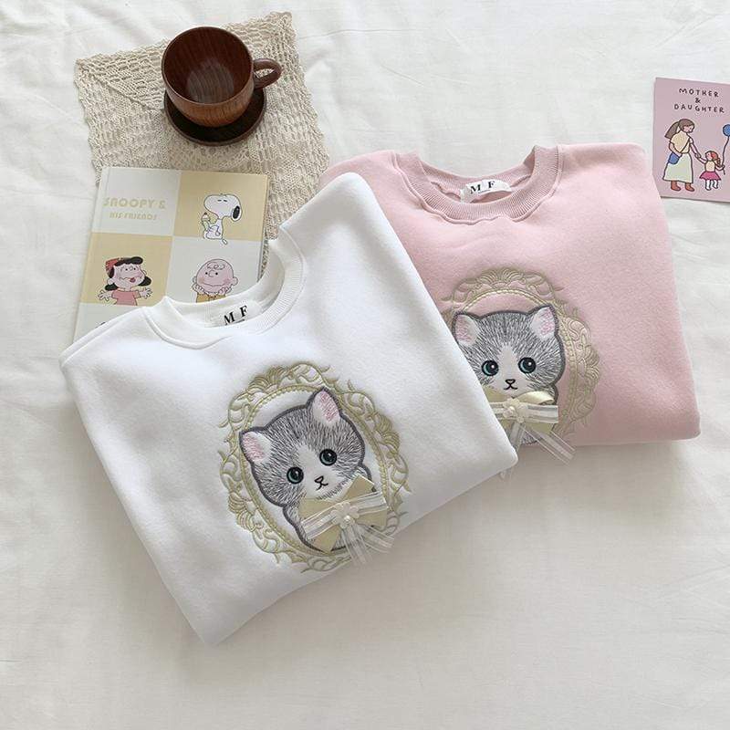 猫刺繍ルーズスウェットシャツ - Kawaiifashion