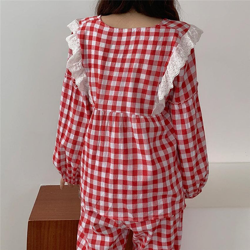 Cherry Lace Ruffles Plaid Long Sleeved Pajama - Kawaiifashion