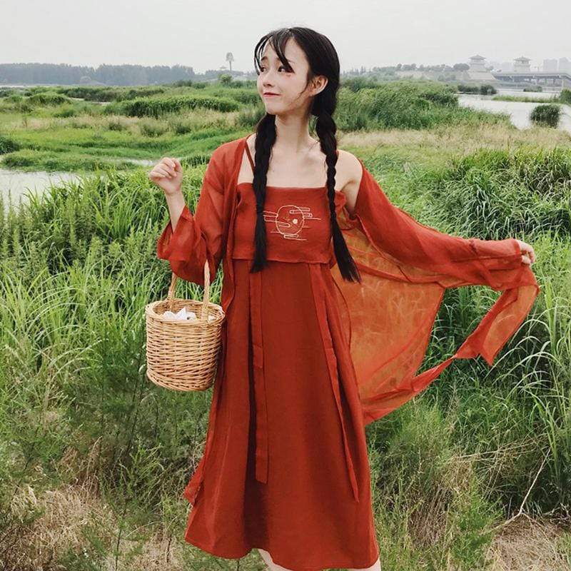 Chinoiserie Embroidered Slip Dress With Cardigan-Kawaiifashion