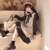 Floral Bowknot Plaid Long Sleeved Dress With Woolen Vest - Kawaiifashion