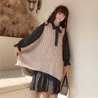Vestido de manga larga a cuadros con lazo floral con chaleco de lana - Kawaiifashion