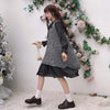 Floral Bowknot Plaid Long Sleeved Dress With Woolen Vest - Kawaiifashion