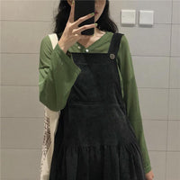 Women's Korean Fashion Green V-neck Long Sleeved Shirts