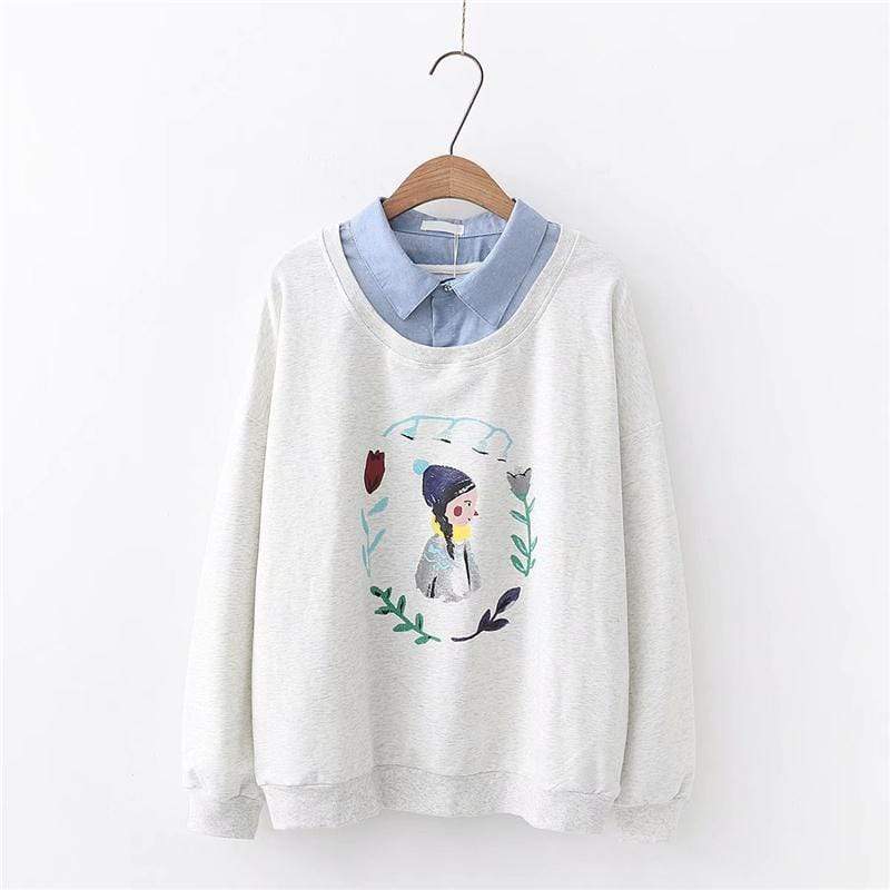 Kawaiifashion grey Women's Korean Fashion Floral Circle Girl Printed Loose Sweaters