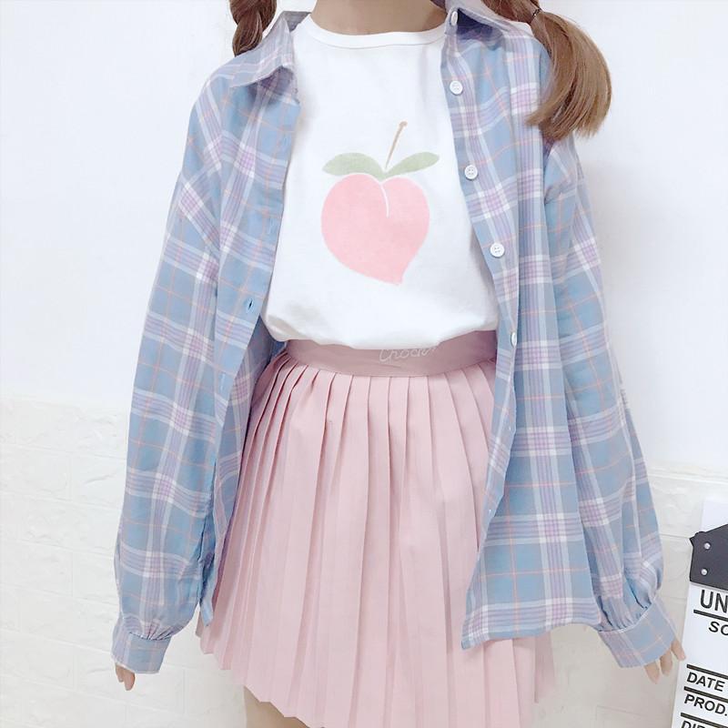 Chemise à carreaux à manches évasées Harajuku-Kawaiifashion