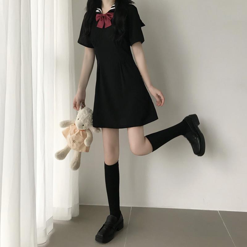 Harajuku Navy Collar Black Dress-Kawaiifashion