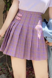 High-waisted  Plaid Pleated Skirt  With Two Buckle - Kawaiifashion