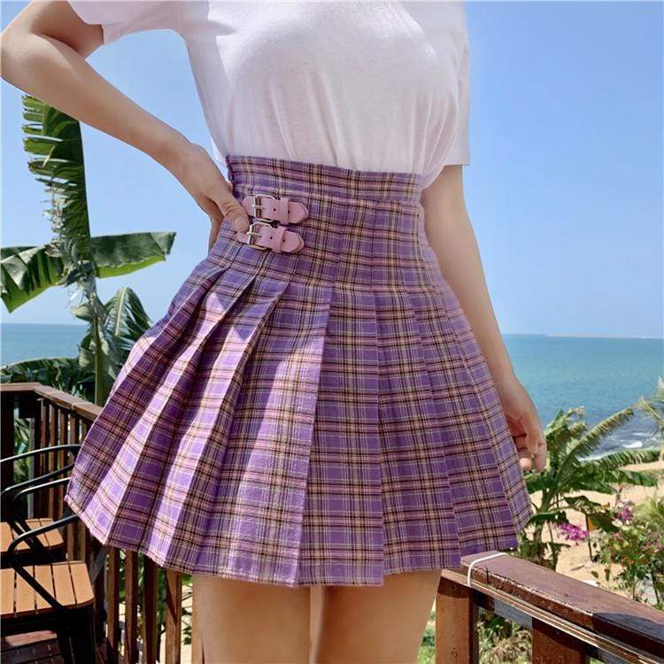 High-waisted  Plaid Pleated Skirt  With Two Buckle - Kawaiifashion
