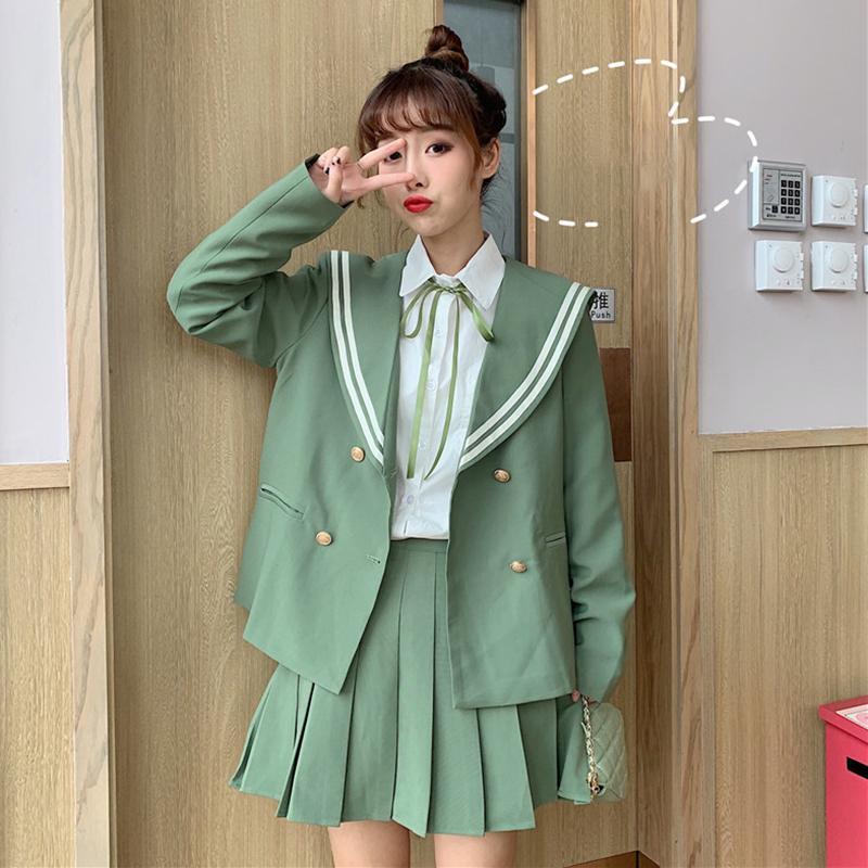 JK Navy Collar Coat&Pleat Skirt-Kawaiifashion