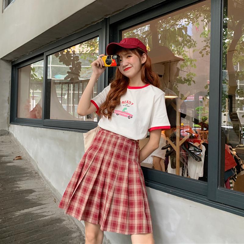 Kawaii A-line Falda de cuadros rojos-Kawaiifashion
