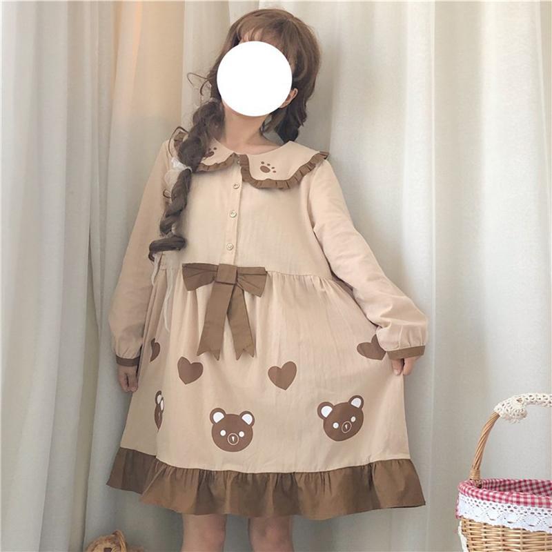 Kawaii Bear Printed Dress With Bowknot-Kawaiifashion
