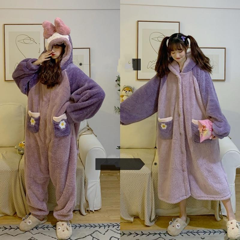 Pijama de una pieza de velet con lazo de color en contraste Kawaii - Kawaiifashion