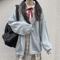 Manteau de baseball surdimensionné à capuche zippé sur le devant Kawaii - Kawaiifashion