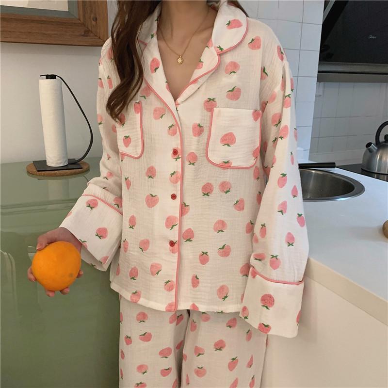 Pijama de manga larga con estampado de melocotón Kawaii-Kawaiifashion