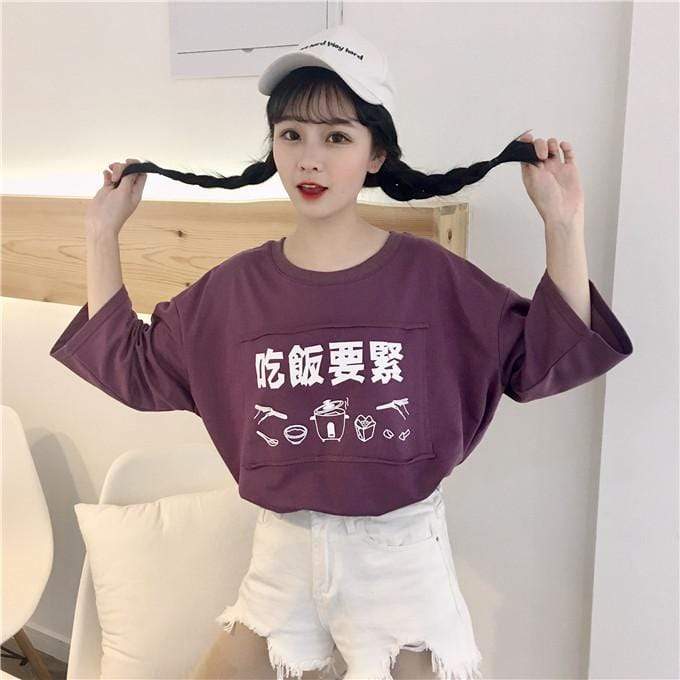 Kawaii bedrucktes T-Shirt mit dreiviertel Ärmeln – Kawaiifashion