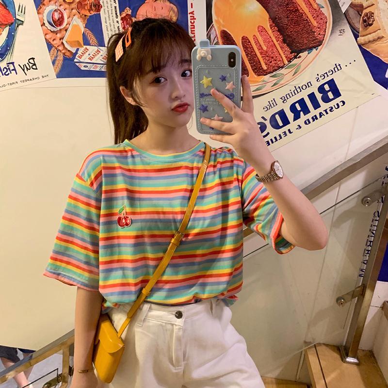 Camiseta Kawaii Rainbow Stripes-Kawaiifashion