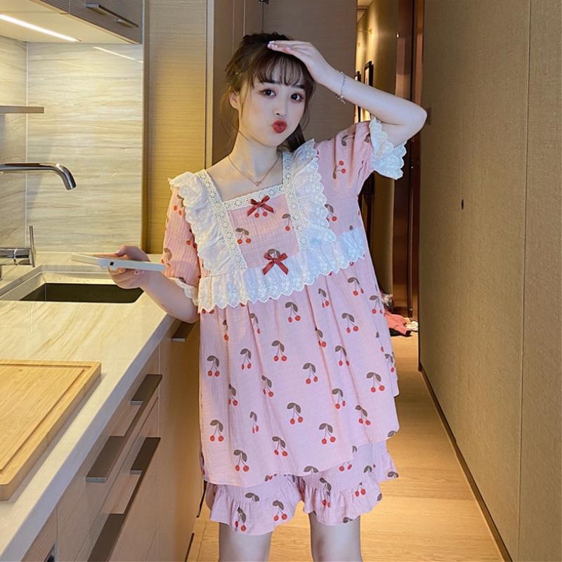 Kawaii Ruffles Cherry Printed Pajamas-Kawaiifashion