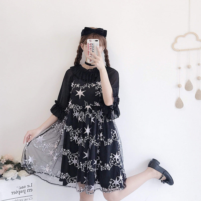 Kawaii Star Embroideried Two-layer Mesh Dress-Kawaiifashion
