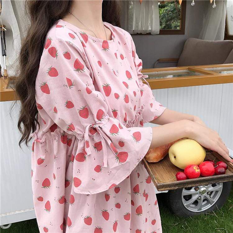 Kawaii Strawberry Printed A-line Dress-Kawaiifashion