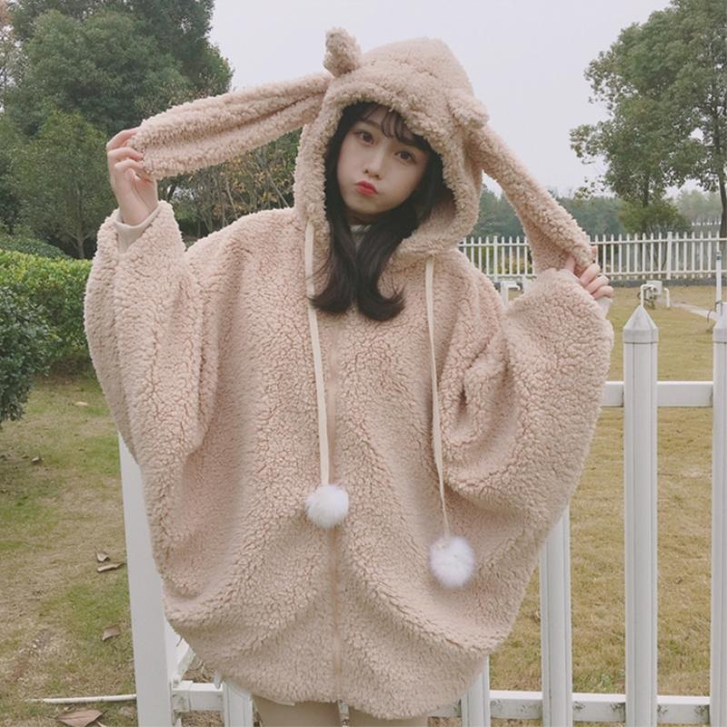 Объемное шерстяное пальто с капюшоном и пышными рукавами в виде кролика с помпонами - Kawaiifashion