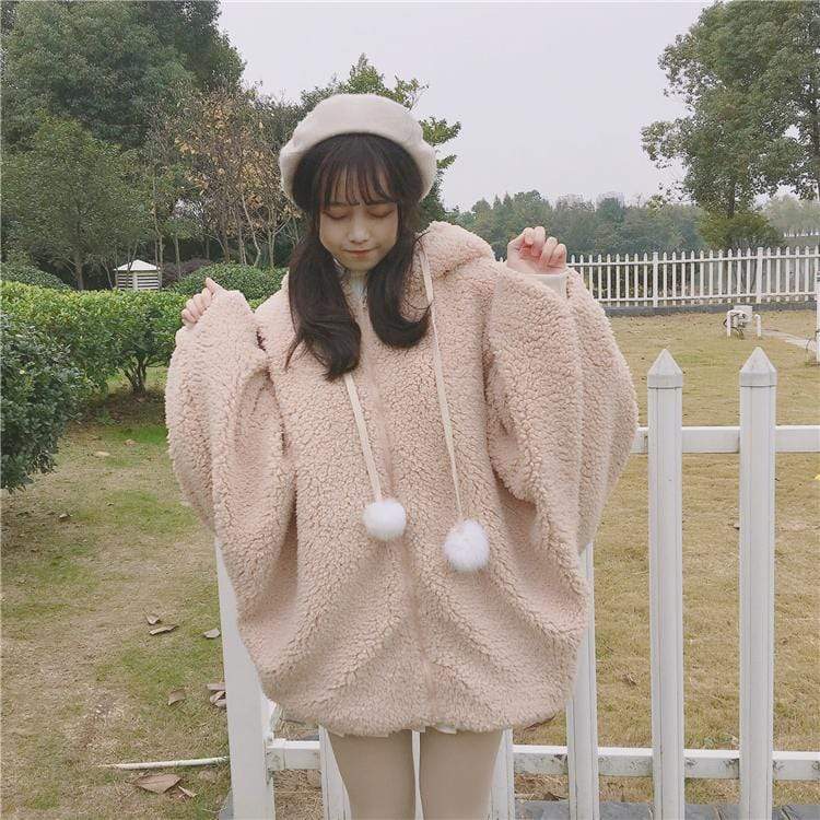 Oversized Bunny Puff Sleeved Hooded Wool Coat With Pom Pom - Kawaiifashion