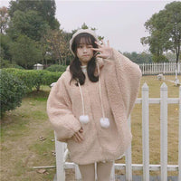 Oversized Bunny Puff Sleeved Hooded Wool Coat With Pom Pom - Kawaiifashion