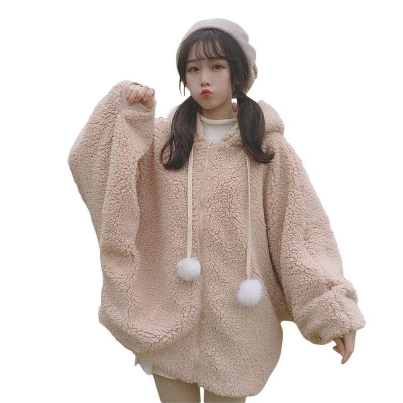 Cappotto di lana con cappuccio oversize con maniche a sbuffo coniglietto e pom pom - Kawaiifashion