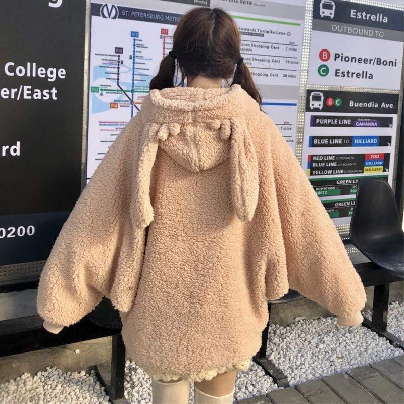 Manteau oversize en laine à capuche et manches bouffantes lapin avec pompon - Kawaiifashion