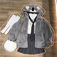 Cappotto in velluto con cerniera frontale con cappuccio Koala - Kawaiifashion