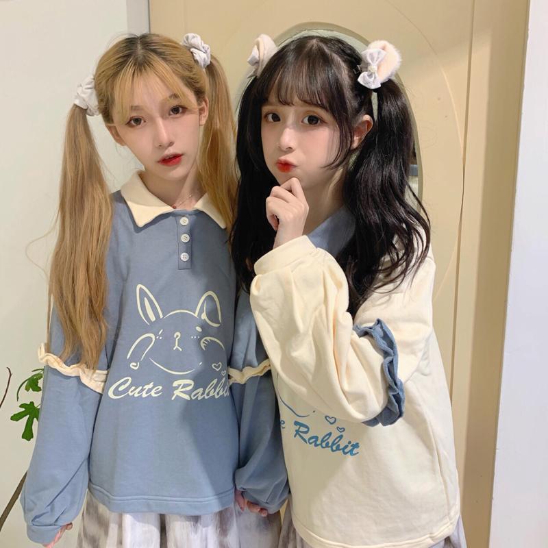 Korean Fashion Cute Rabbit Polo Sweatshirt - Kawaiifashion