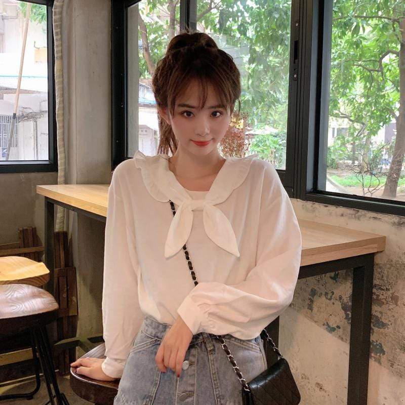 Chemise blanche à col Claudine de la mode coréenne - Kawaiifashion