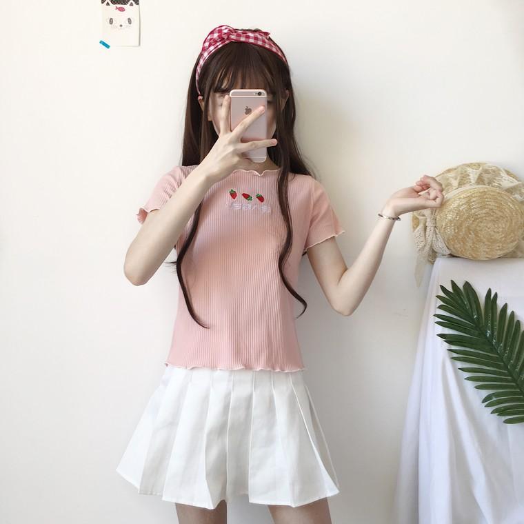 Kwaii イチゴ刺繍キンテッド T シャツ-かわいいファッション