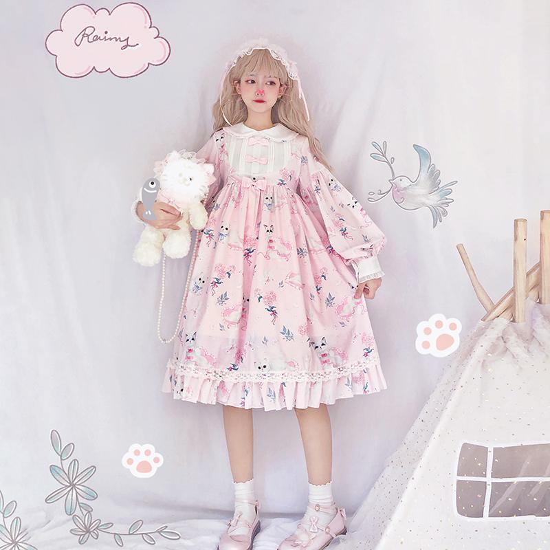 Lolita Cat Printed Ruffles Dress-Kawaiifashion