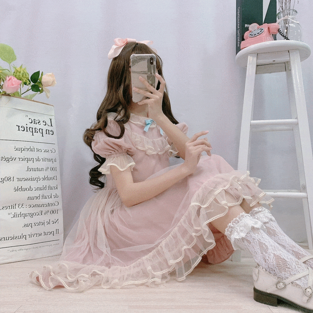 Zweilagiges Lolita-Netzkleid mit Schleife – Kawaiifashion