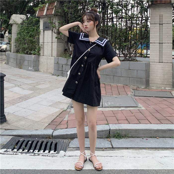Navy Style Single-breasted Dress-Kawaiifashion