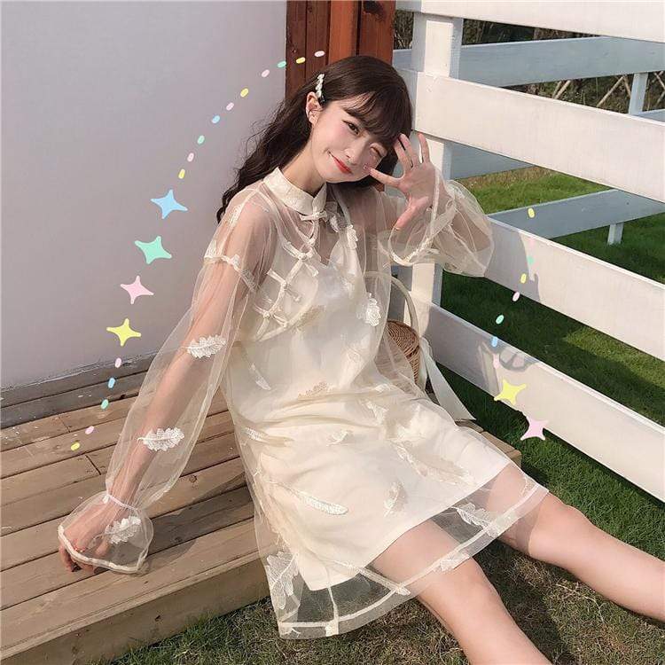 シノワズリ羽根刺繍ガーゼドレス-かわいいファッション