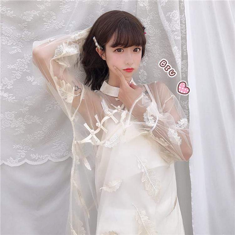 Chinoiserie Feather Embroideried Gauze Dress-Kawaiifashion
