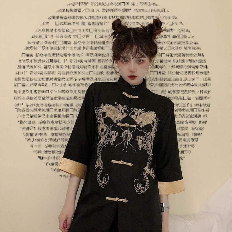 Dragon Embroidered Stand Collar Cheongsam Shirt - Kawaiifashion