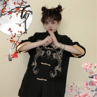 Camicia cheongsam con colletto alla coreana ricamata drago - Kawaiifashion