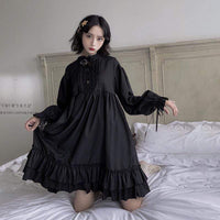 Harajuku Falbala Puff Sleeved Black Dress-Kawaiifashion