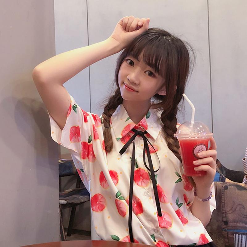 Chemise à boutonnage simple imprimé fruits Harajuku-Kawaiifashion