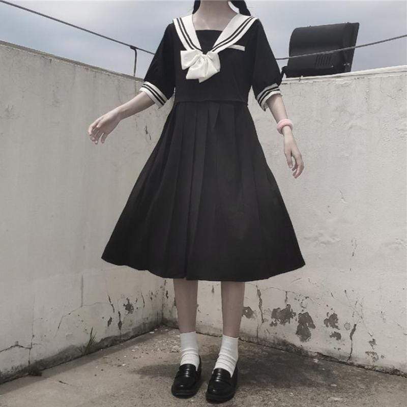 Harajuku Navy Collar Pleated Dress-Kawaiifashion