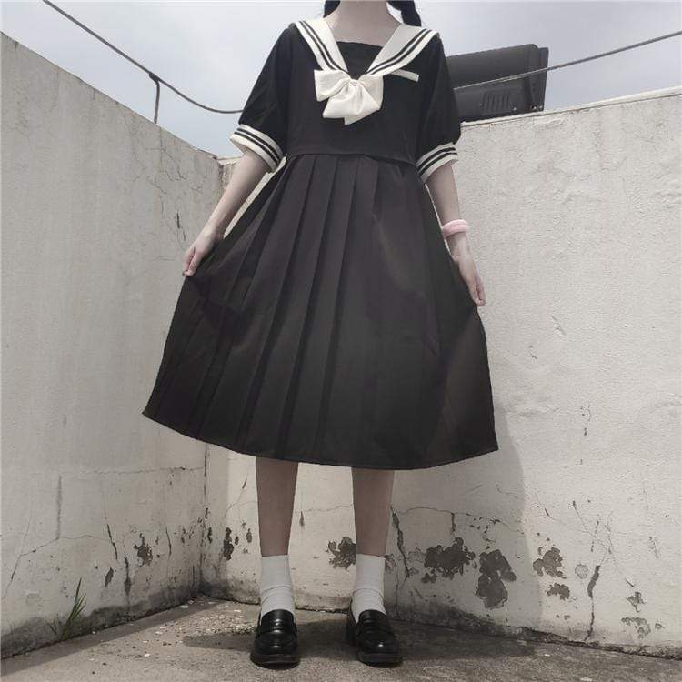 Harajuku Navy Collar Pleated Dress-Kawaiifashion
