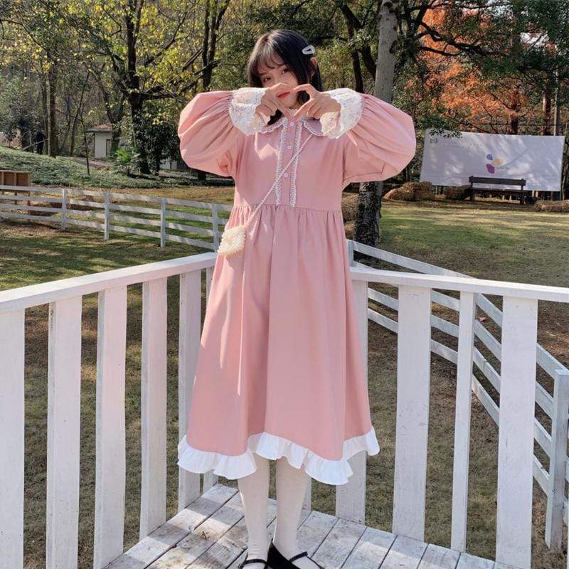 Harajuku Puff Sleeved Pink Dress-Kawaiifashion