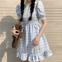 Harajuku Puff Sleeved Plaid Dress-Kawaiifashion