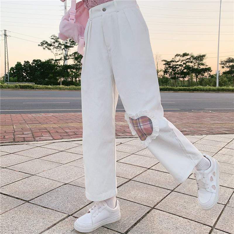 Pantalon coupe droite en velours côtelé taille haute - Kawaiifashion