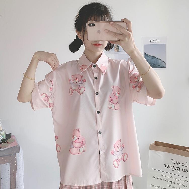 Kawaii Bear Printed Chiffon Shirt-Kawaiifashion