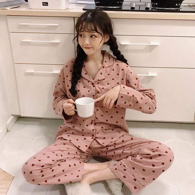 Pijama de manga larga con estampado de corazón kawaii - Kawaiifashion