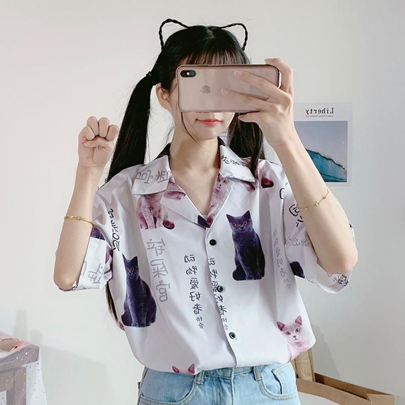 Camicia in chiffon stampato gattino Kawaii-Kawaiifashion