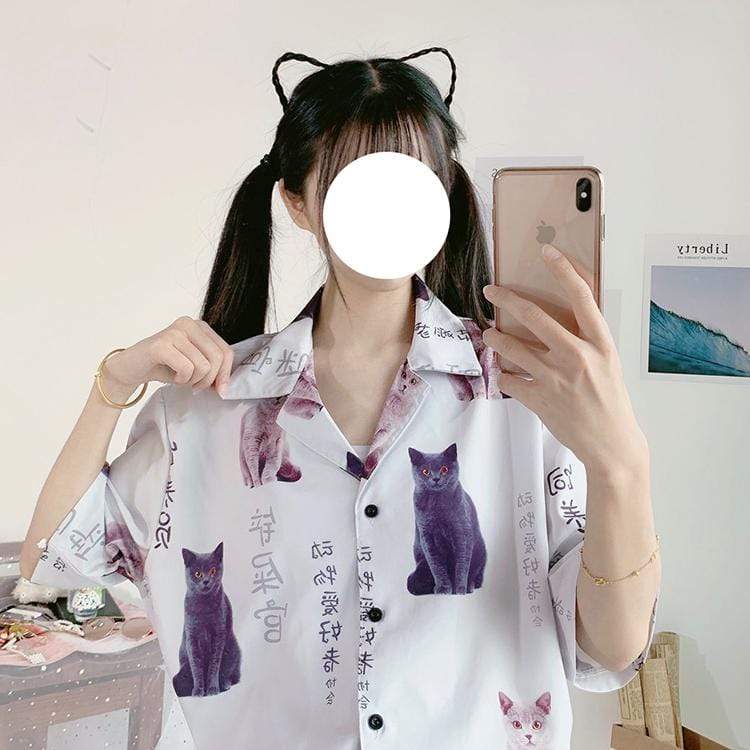 Kawaii Kitten Printed Chiffon Shirt-Kawaiifashion
